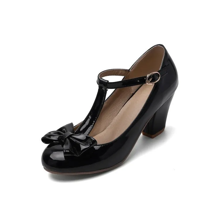 Sweet and Retro Chunky Heel Light Mouth T Strap Bow Elegant Heels