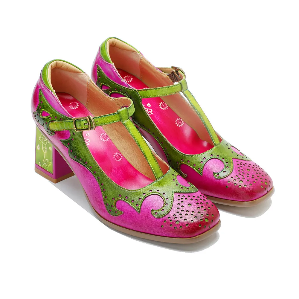 Women's Handmade Leather Polished Retro Contrasting Fashion High Heels