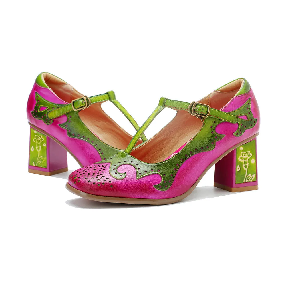 Women's Handmade Leather Polished Retro Contrasting Fashion High Heels