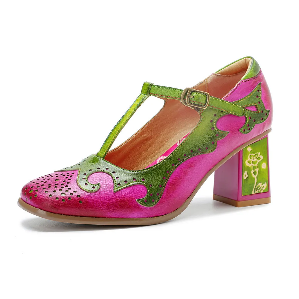 Women's Handmade Leather Polished Retro Contrasting Fashion High Heels