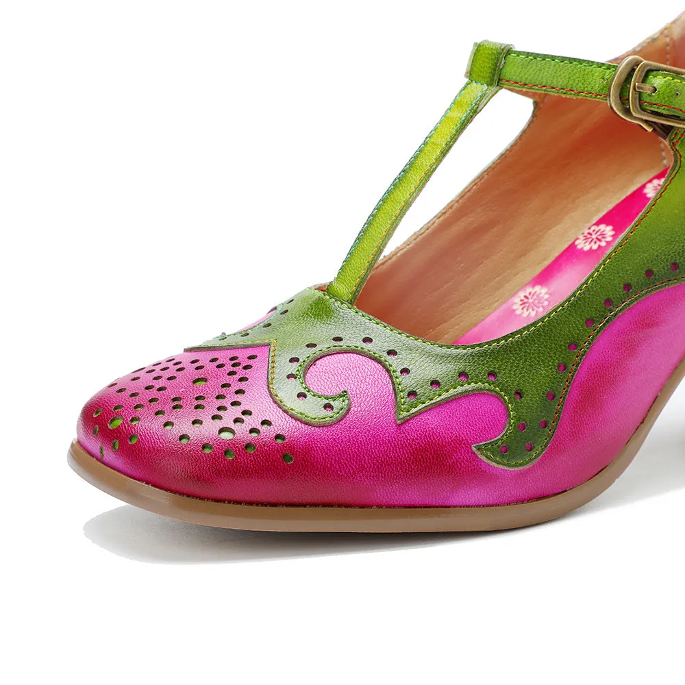 Women's Handmade Leather Polished Retro Contrasting Fashion High Heels