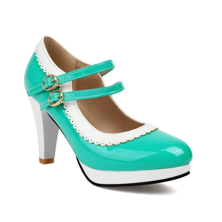 Women's Shoes High Heels Light Mouth Patent Leather Buckle Lace Solid Color Thick Heel Simple High Heels
