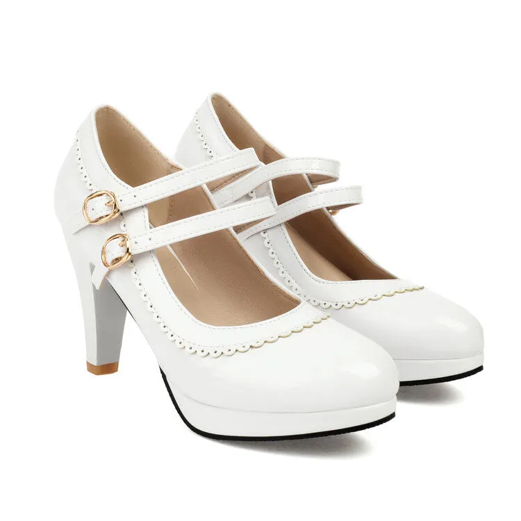 Women's Shoes High Heels Light Mouth Patent Leather Buckle Lace Solid Color Thick Heel Simple High Heels