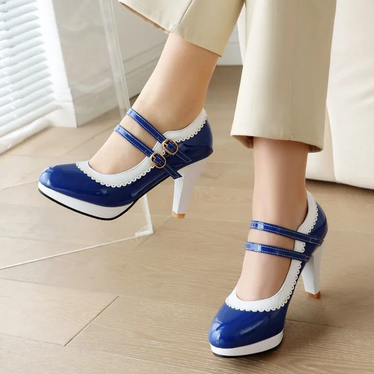 Women's Shoes High Heels Light Mouth Patent Leather Buckle Lace Solid Color Thick Heel Simple High Heels