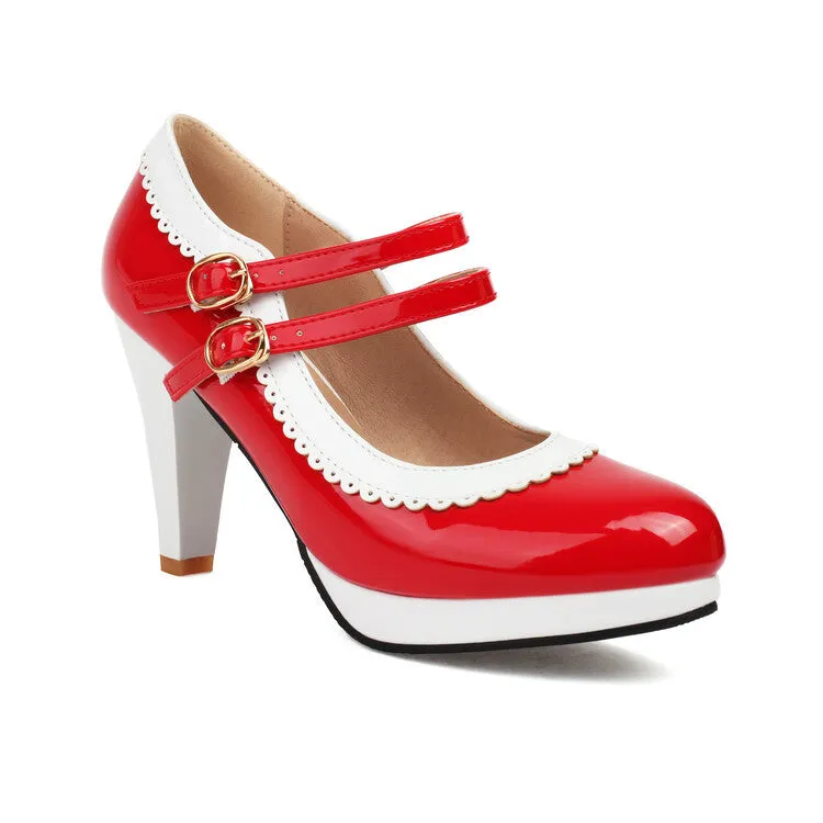 Women's Shoes High Heels Light Mouth Patent Leather Buckle Lace Solid Color Thick Heel Simple High Heels