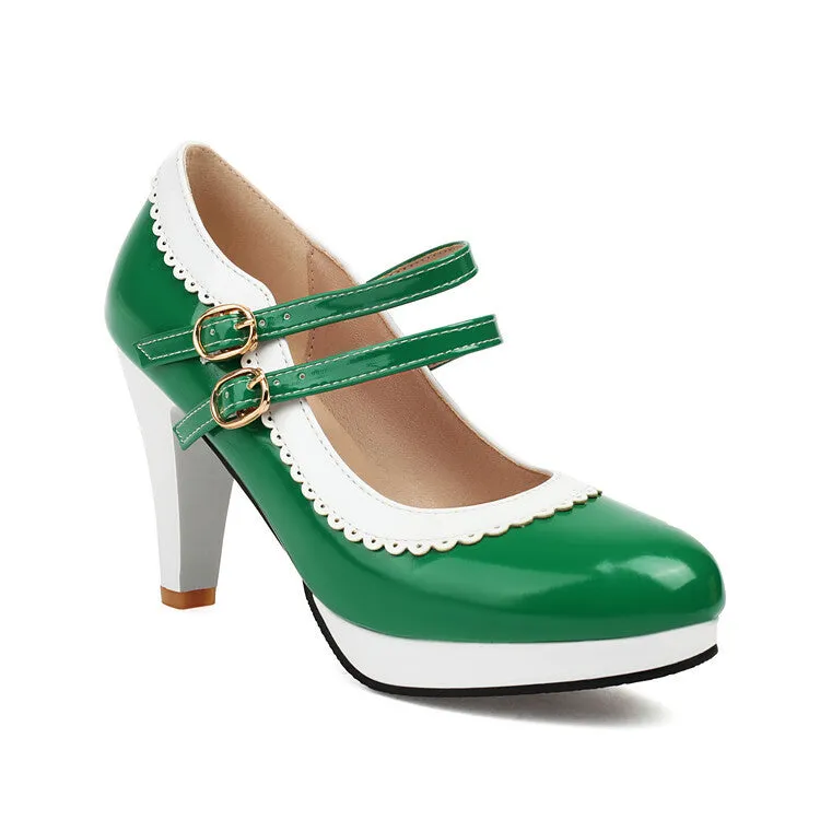 Women's Shoes High Heels Light Mouth Patent Leather Buckle Lace Solid Color Thick Heel Simple High Heels