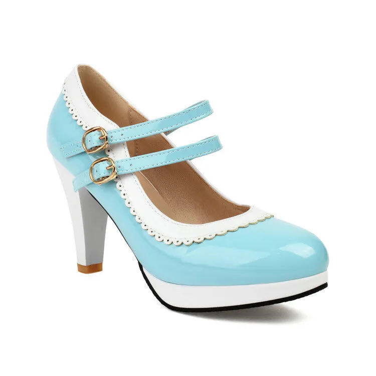 Women's Shoes High Heels Light Mouth Patent Leather Buckle Lace Solid Color Thick Heel Simple High Heels