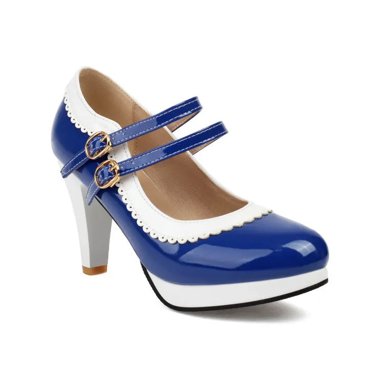 Women's Shoes High Heels Light Mouth Patent Leather Buckle Lace Solid Color Thick Heel Simple High Heels