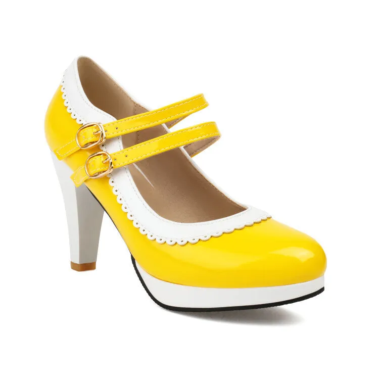 Women's Shoes High Heels Light Mouth Patent Leather Buckle Lace Solid Color Thick Heel Simple High Heels