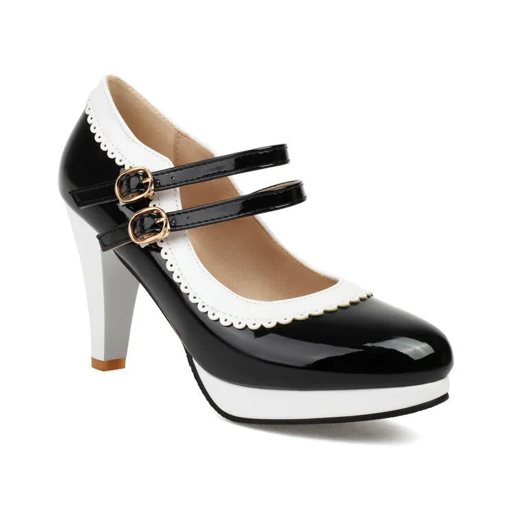 Women's Shoes High Heels Light Mouth Patent Leather Buckle Lace Solid Color Thick Heel Simple High Heels