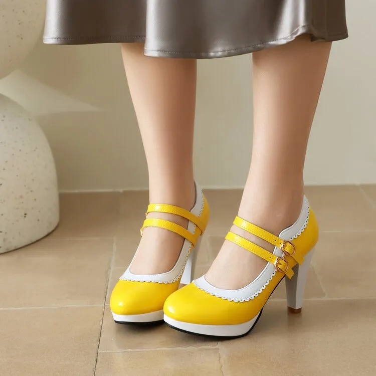 Women's Shoes High Heels Light Mouth Patent Leather Buckle Lace Solid Color Thick Heel Simple High Heels